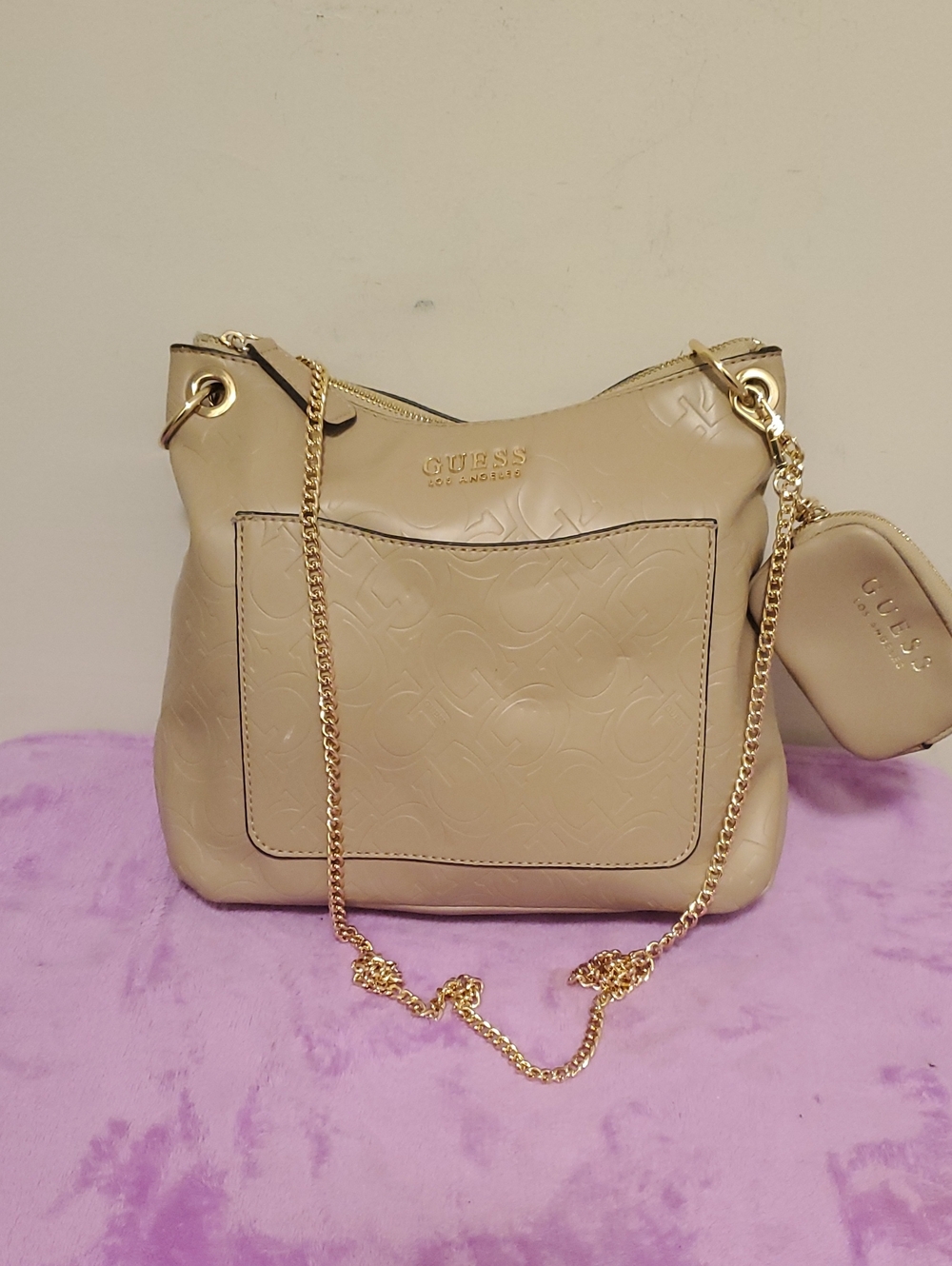 GUESS Neutral Beige Shoulder Bag with Gold Chain Strap